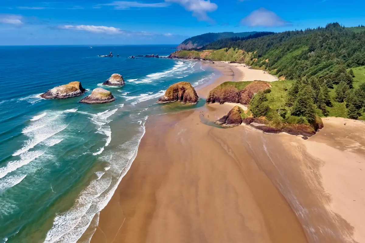 A picturesque shot of the beach features striking rock formations, rolling waves, wide sandy stretches, and verdant greenery. The inviting scene highlights natural attractions and the freedom to explore the shoreline.