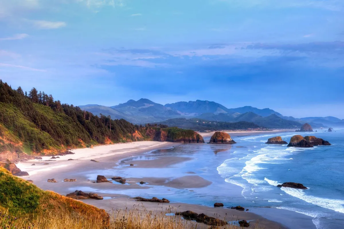 This image captures a sweeping view of Rockaway Beach, with expansive sandy shoreline, ocean waves, dramatic rock formations, and lush green forests in the background. The light suggests early morning or late afternoon, enhancing the serene and inviting mood.